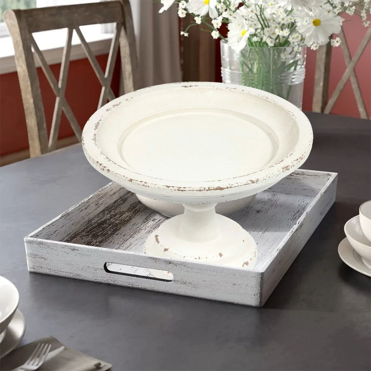 Farmhouse Finished SOFE Stand Cake Distressed Wood Round Table Decoration White 11"x 7", for