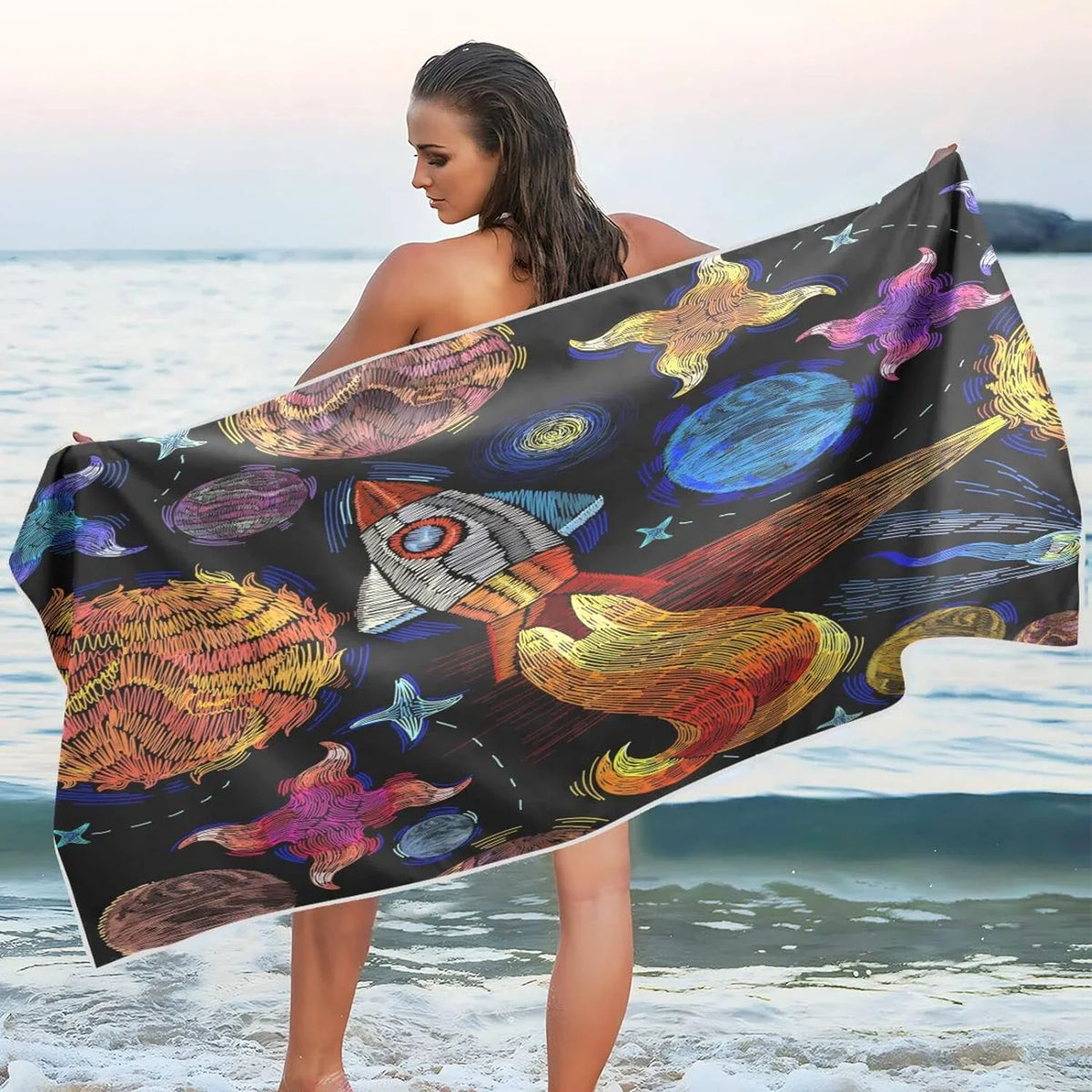 Dry Compact Swimming Oversized Bestwell - Towel Super - Travel Lightweight Towel Holiday（366） for Camping Embroidered Towels Pattern Beach Quick Absorbent Universe