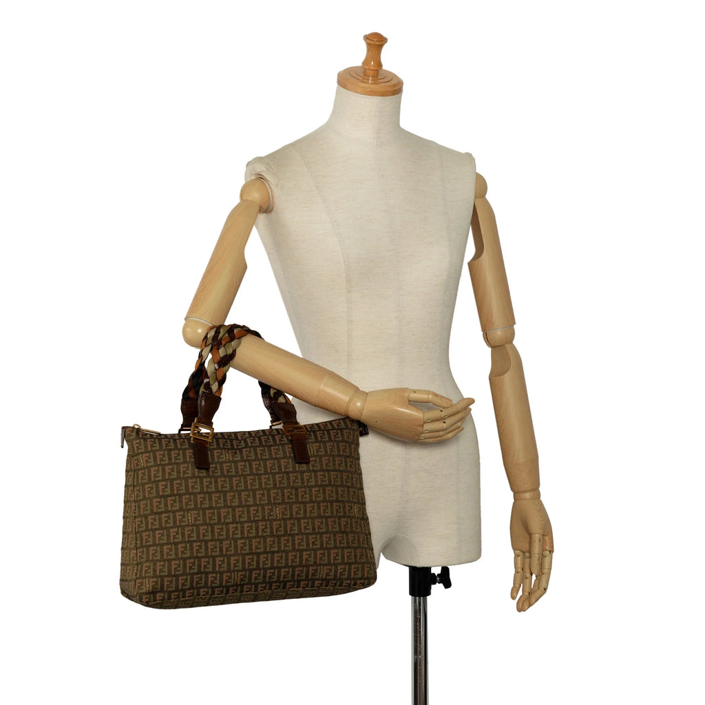 Green Braided Pre-Owned Fendi (Good) Zucchino Authenticated Tote Fabric Bag Tote Roll Unisex Canvas