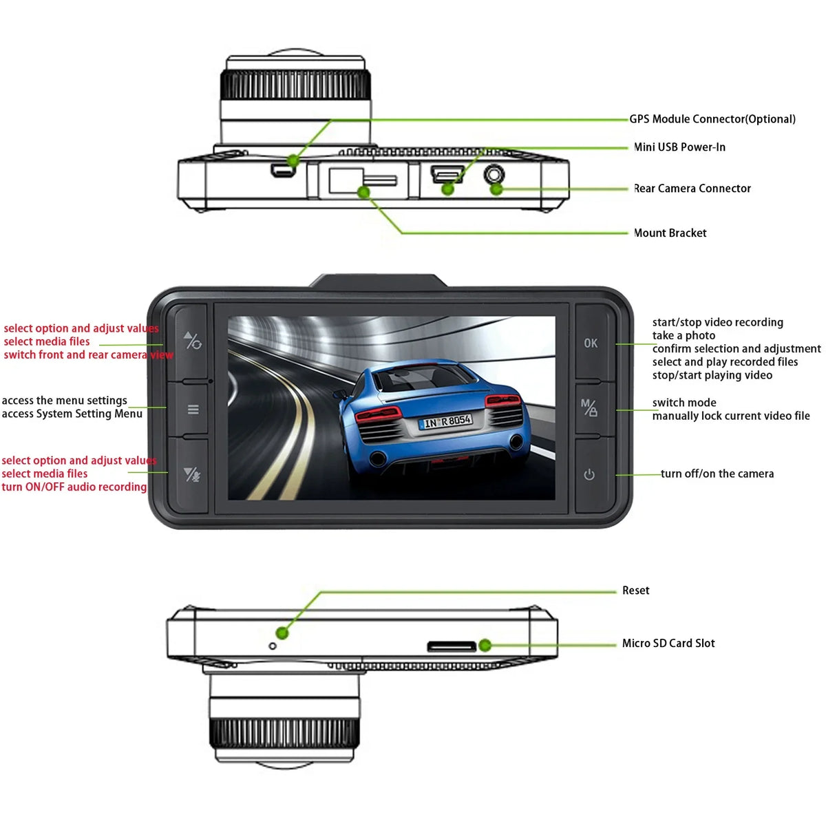Cam Rear Recording WDR Black Dual IPS Camera GPS Dash Front G-Sensor Dash Camera 1080P FHD Car 3" TOGUARD and Loop
