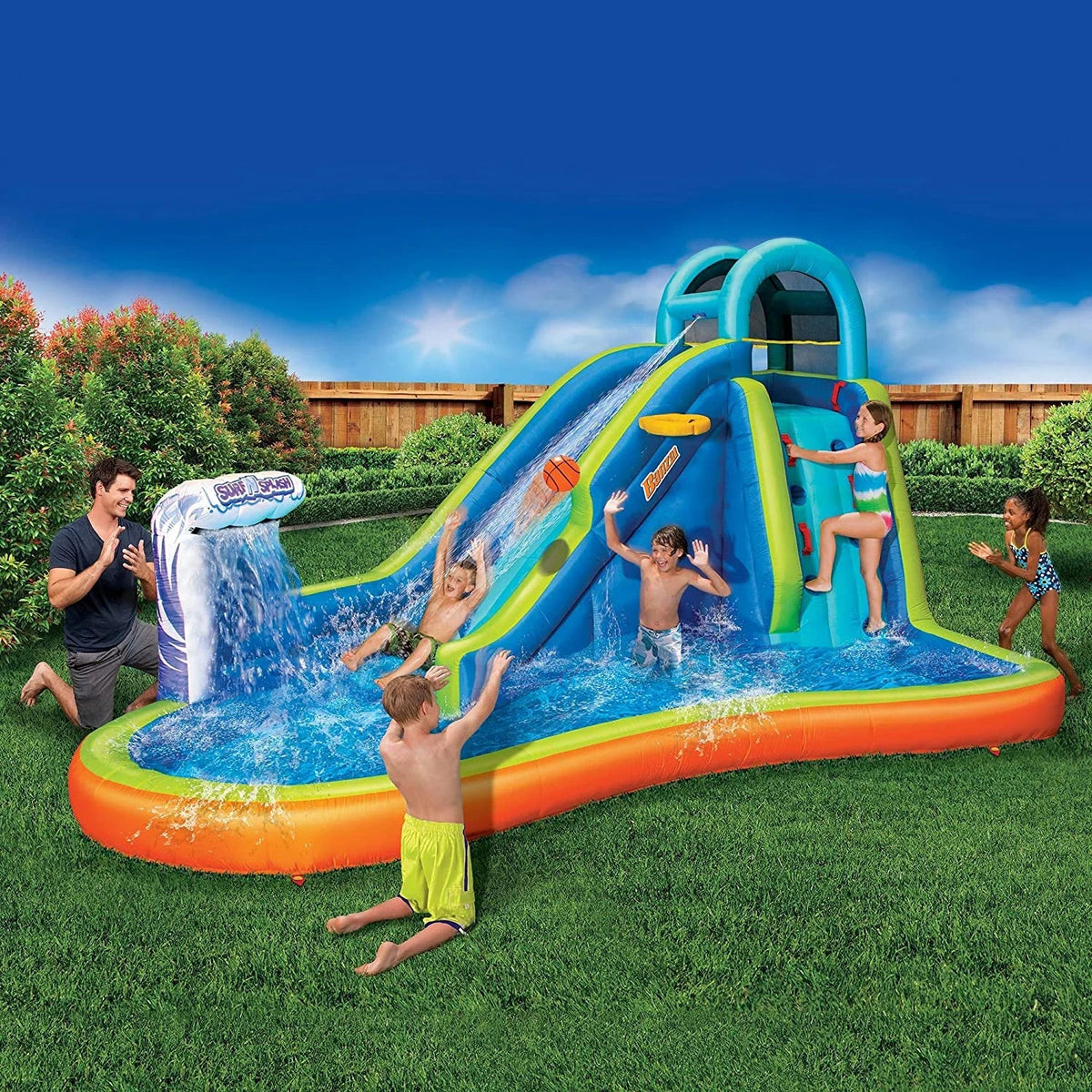N with - - Giant Inflatable High) Wave Basketball (14 Splash in Heavy Kids Long 8 Built by - Pool Adventure Slide Duty Feet Blower Park Feet Huge and Hoop Water Sprinkler Outdoor Surf Included