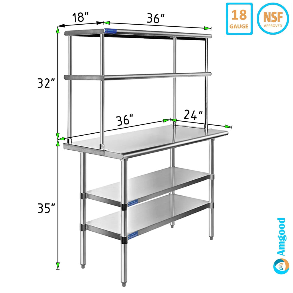 Wide Shelves x Shelving & | Steel Combo Table With Tier 24" Two Table | Kitchen Work Stainless Prep Double 18" Overshelf 36" Metal