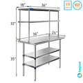 Wide Shelves x Shelving & | Steel Combo Table With Tier 24" Two Table | Kitchen Work Stainless Prep Double 18" Overshelf 36" Metal
