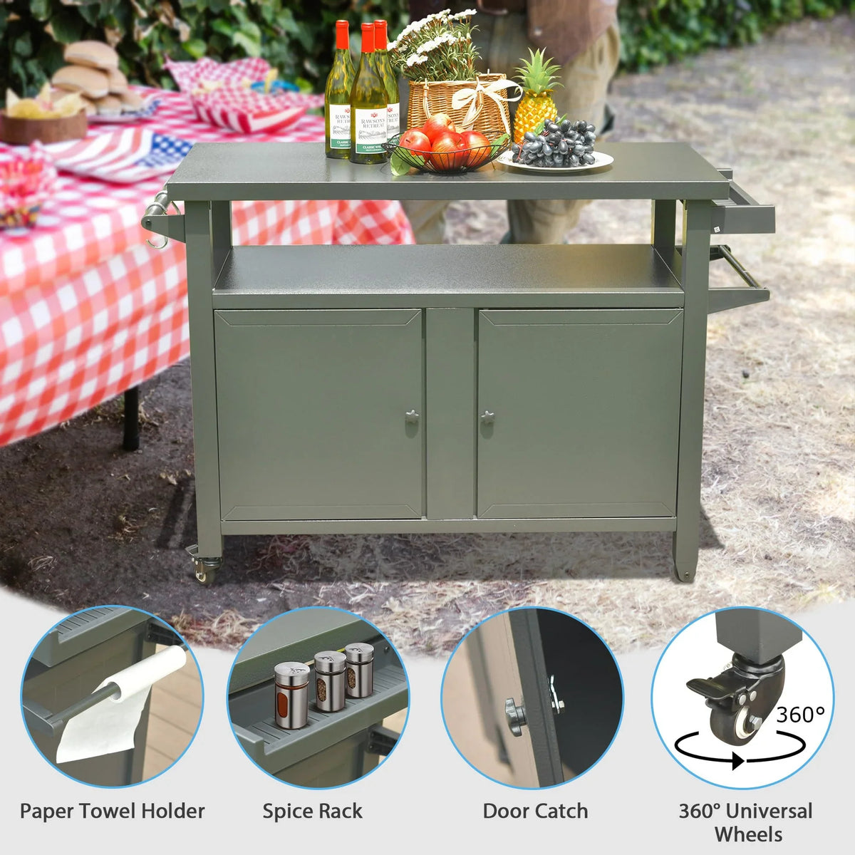(Grey) Wheels, Island, Kitchen Table Patio, Storage for Prep CoSoTower Cooking Outdoor Kitchen Metal BBQ Carts Grill Outdoor Bar Home Party, with Table Cabinet Dining Table Grill