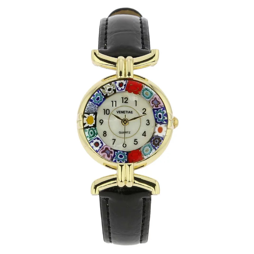 with Multicolor GlassOfVenice Millefiori - Black Watch Band Glass Murano Leather