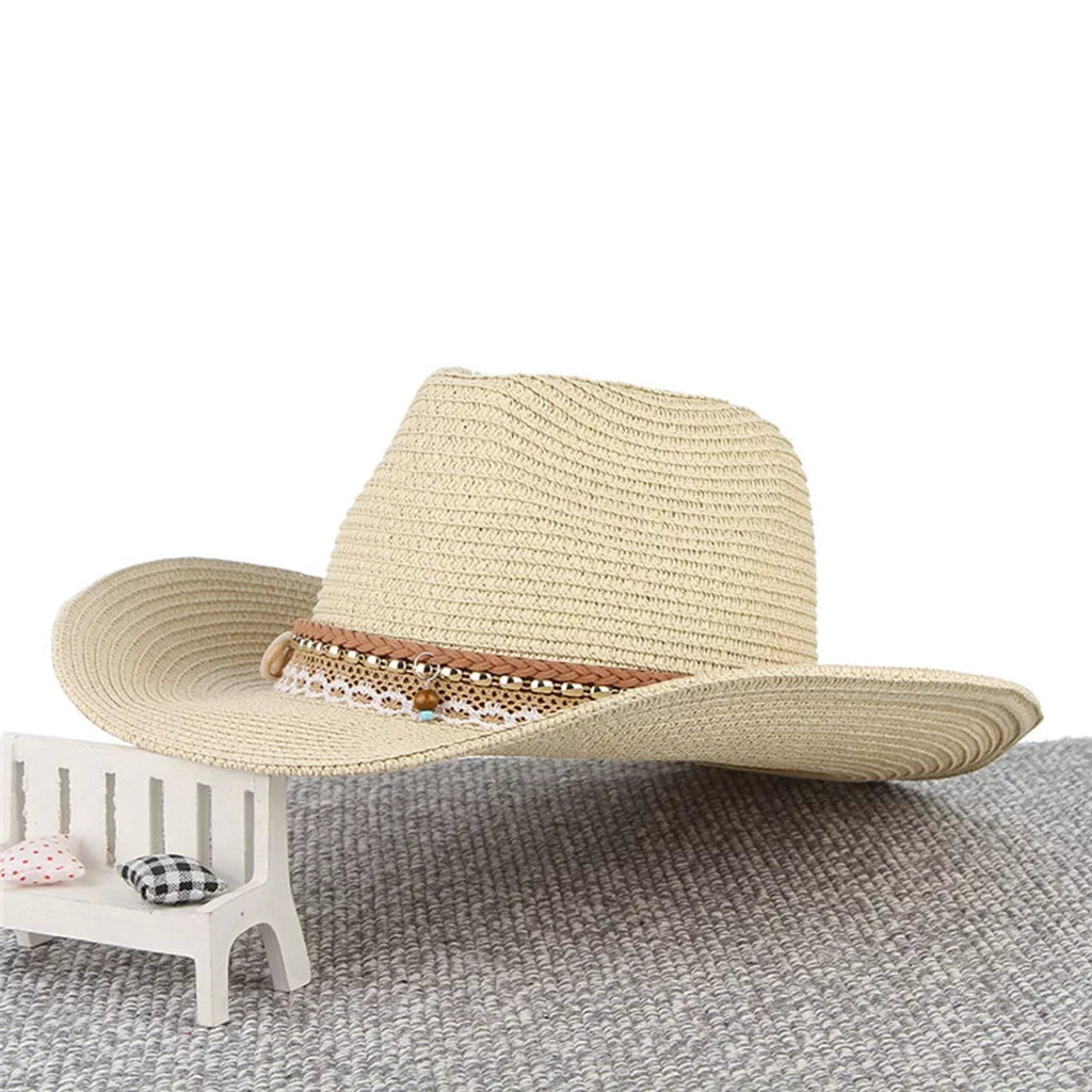 Straw Sun Beige Cowboy Style Hat Packable Brim Floppy Women Trilby Big Western