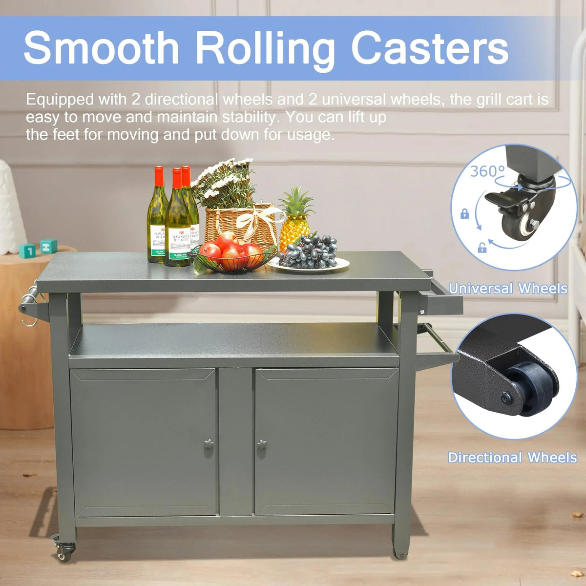 (Grey) Wheels, Island, Kitchen Table Patio, Storage for Prep CoSoTower Cooking Outdoor Kitchen Metal BBQ Carts Grill Outdoor Bar Home Party, with Table Cabinet Dining Table Grill
