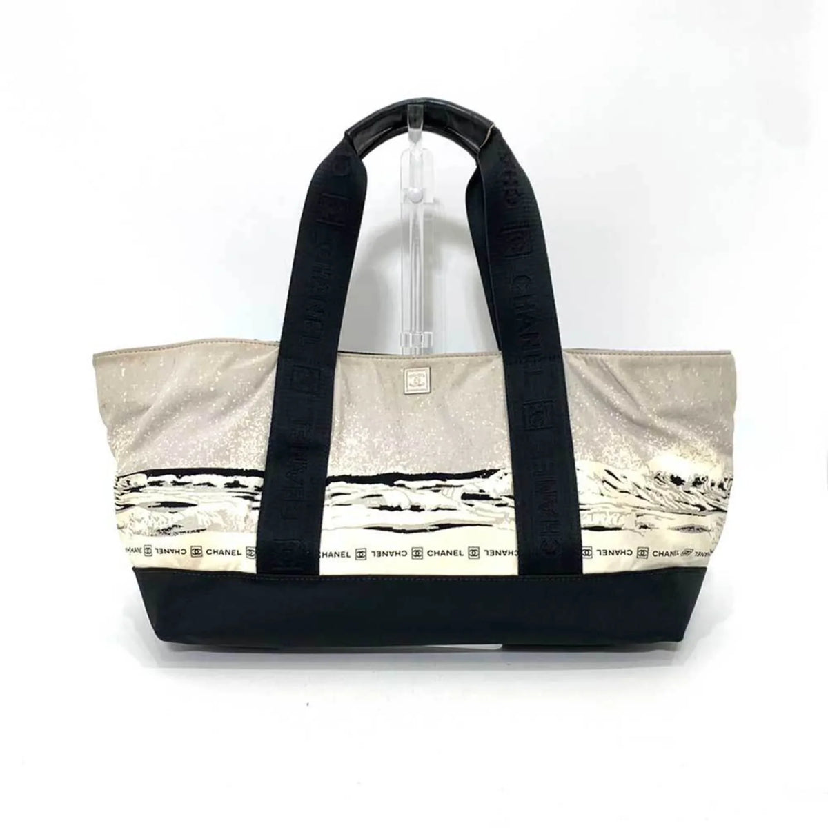 Tote Black Bag Line High Sports Ladies CHANEL Men's Canvas (Fair) Handbag Pre-Owned Pattern Gray x Summer Wave Horizontal Nylon