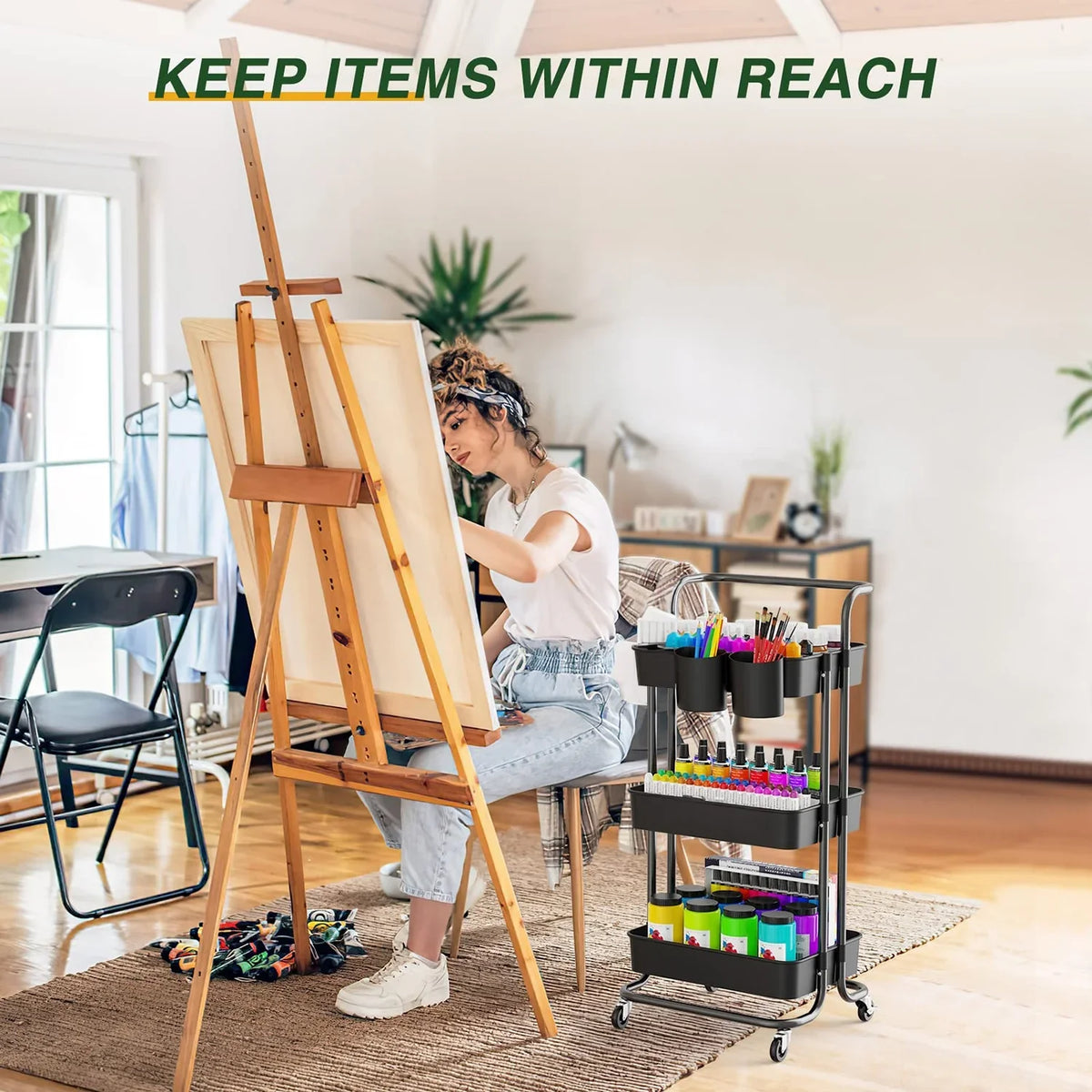 with with for Black Cart, Storage Trolley, Storage Multifunctional Handle Organizer Storage Rolling Multi-Functional Living Cart Shelves Annvchi Utility Room Office Kitchen Wheels3-Tier,