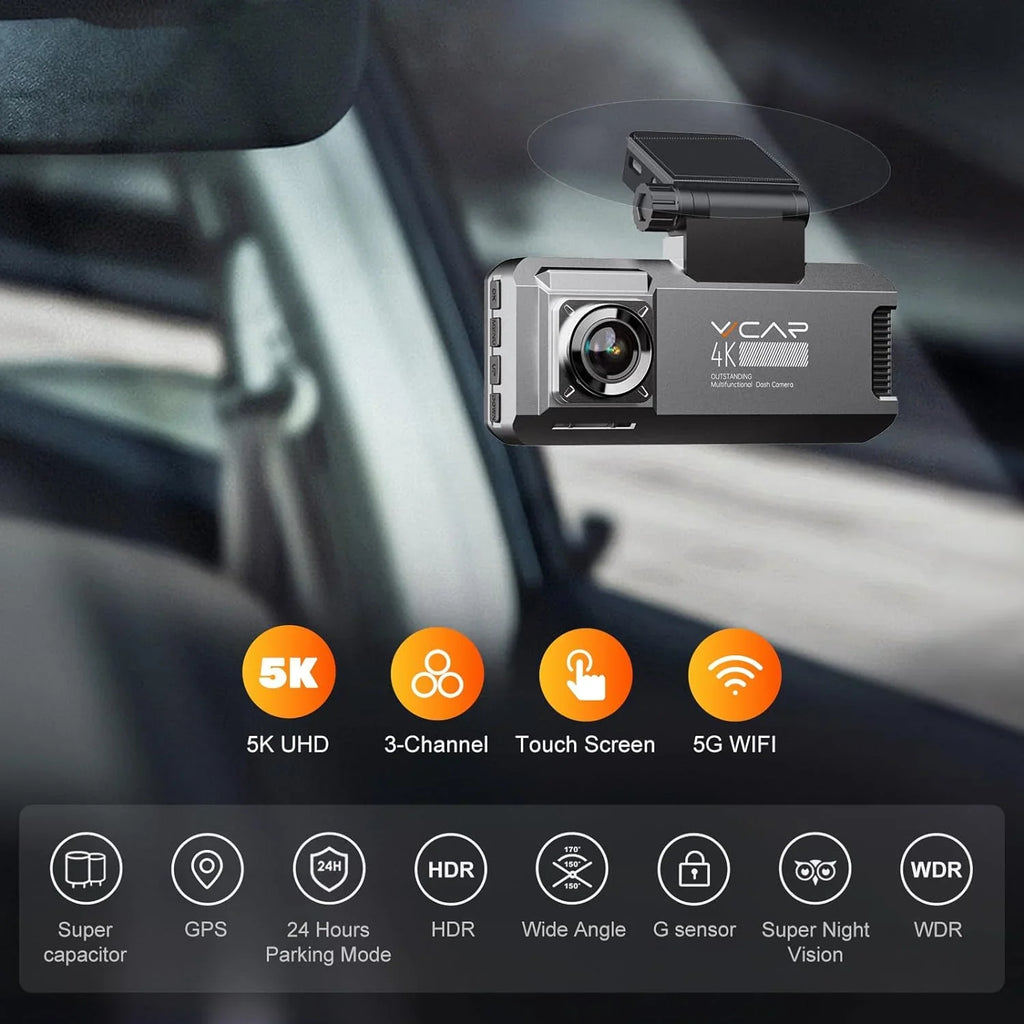 GPS 64GB Cam Mode 5K 3 Car Dash WiFi Inside with Front Camera Card R39 IPS VVCAR Dashboard Parking Recorder Rear 3.99" Channel