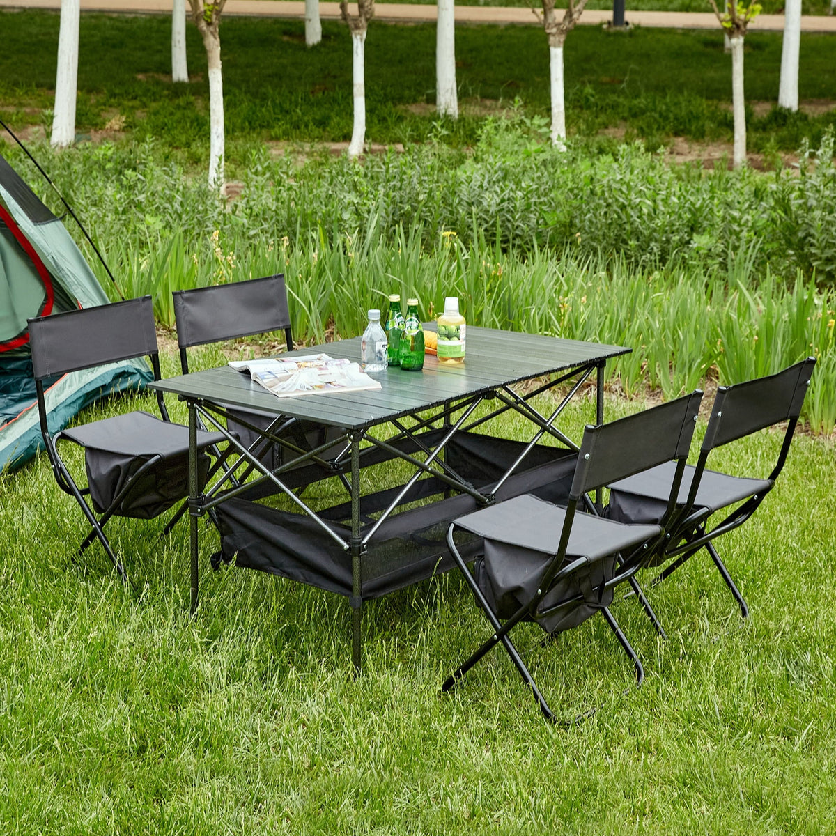 BBQ, Folding Chair 5, and Beach,Backyard, Patio, Party, Set Indoor, Set Camping, Table Picnics, Outdoor for Outdoor of Black/Gray