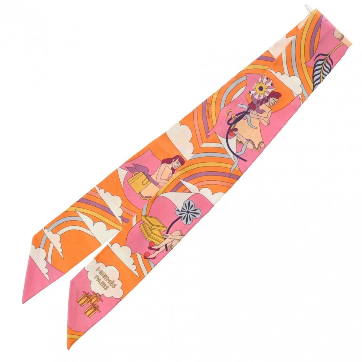Volants HERMES New) Scarf Women's Pre-Owned Silk Twilly - (Like Carres Orange/Rose/Mauve 100% Muffler
