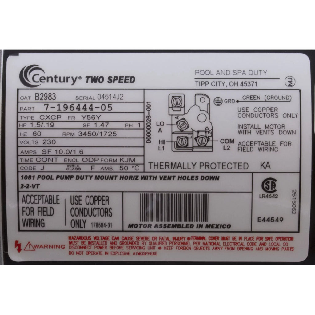 Frame 56Y B2983 230V 2-Speed Century hp # Square 1.5 Flange Motor Pool