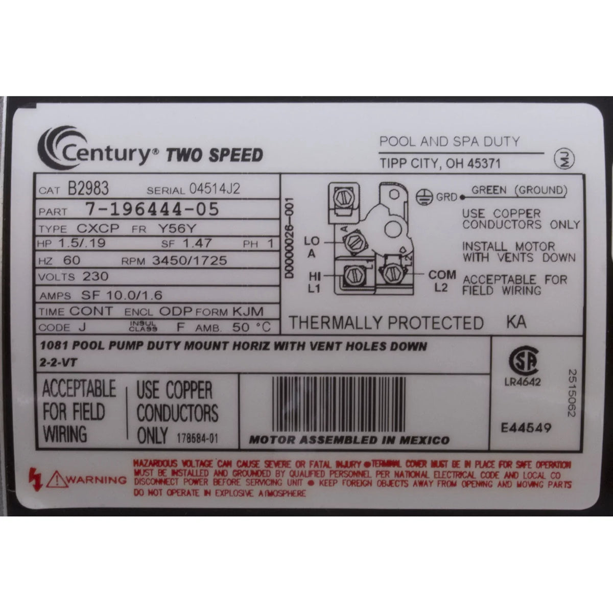 Frame 56Y B2983 230V 2-Speed Century hp # Square 1.5 Flange Motor Pool