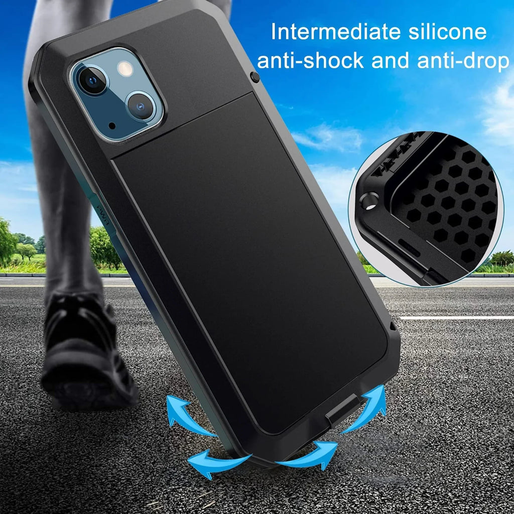Aluminum Pro iPhone Grade Duty Glass Travel Gorilla Military Outdoor Case Scratch 13 Metal Resistant Rugged Heavy Protection, Shockproof and (Silver)