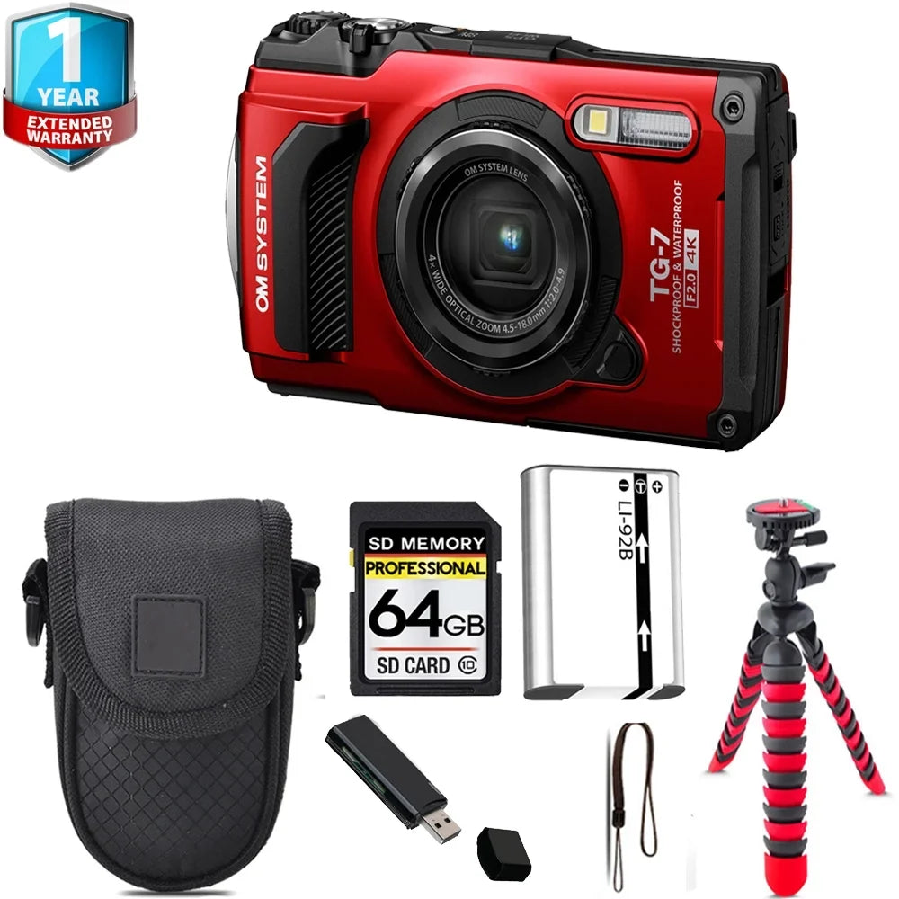 OM Tough - (Red) + Yr + 64GB Olympus Camera Warranty TG-7 Tripod Digital 1 SYSTEM Kit