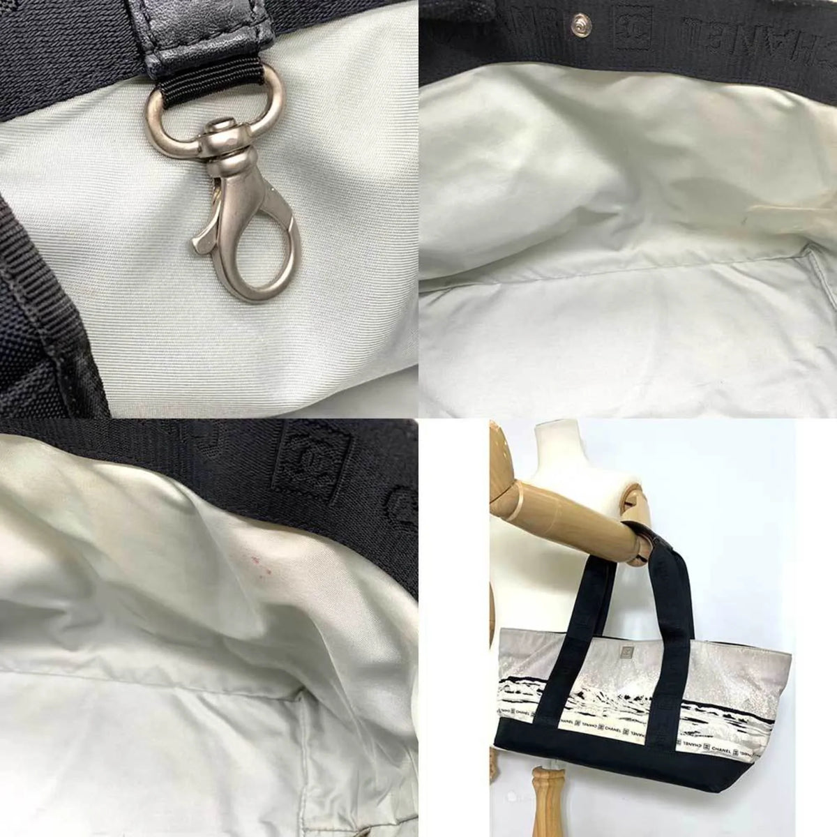 Tote Black Bag Line High Sports Ladies CHANEL Men's Canvas (Fair) Handbag Pre-Owned Pattern Gray x Summer Wave Horizontal Nylon