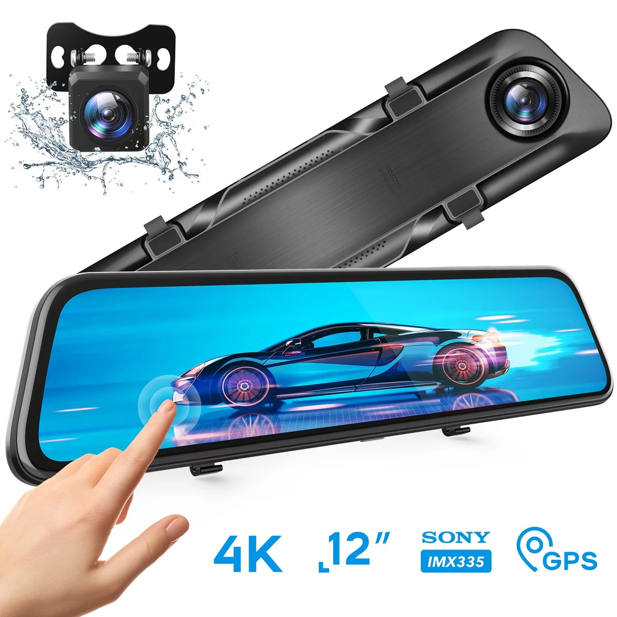 Dual w/Night 4K Monitor, Dash Dash Control Vision View & Black Camera Camera, Parking Screen, - Touch H612T Cars Vantop Cam Mirror Mirror 12" Front IPS Rear Voice