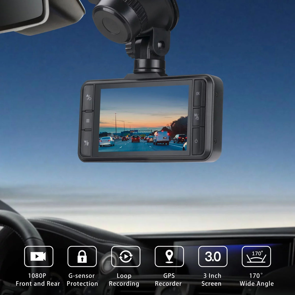 Cam Rear Recording WDR Black Dual IPS Camera GPS Dash Front G-Sensor Dash Camera 1080P FHD Car 3" TOGUARD and Loop