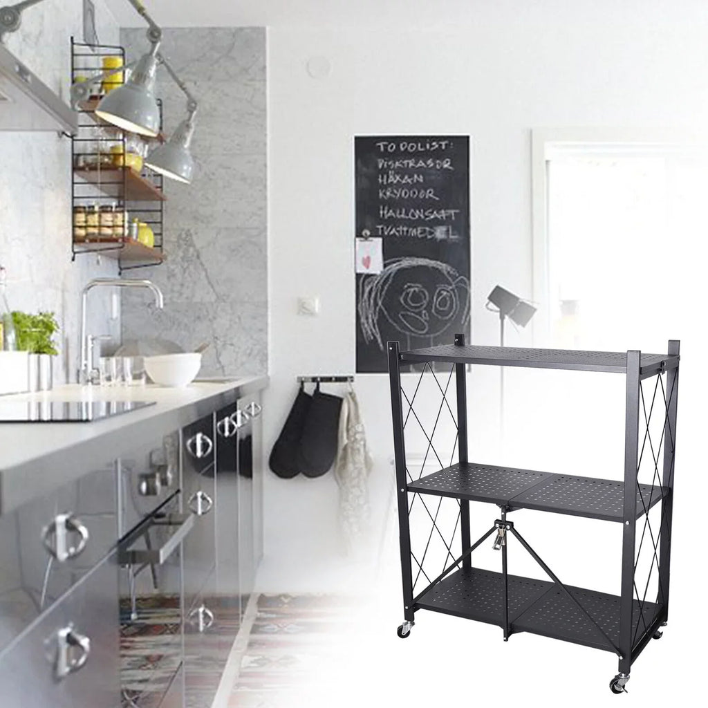 Foldable Storage Metal Rolling Rack Holder Kitchen Cart Wheel with Movable Shelves Trolley Utility Miumaeov 3-Tier (Black)