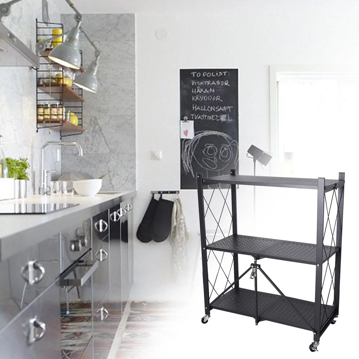 Foldable Storage Metal Rolling Rack Holder Kitchen Cart Wheel with Movable Shelves Trolley Utility Miumaeov 3-Tier (Black)
