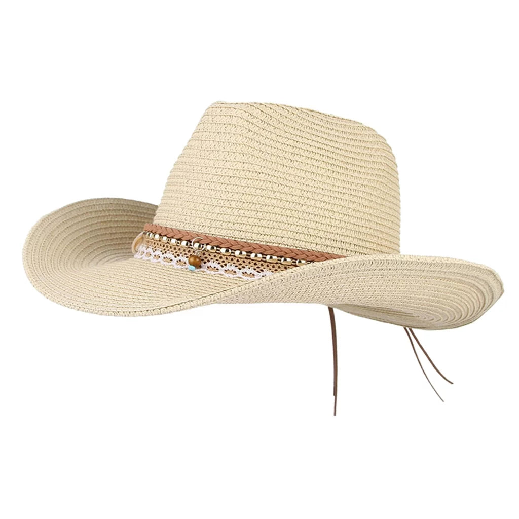 Straw Sun Beige Cowboy Style Hat Packable Brim Floppy Women Trilby Big Western