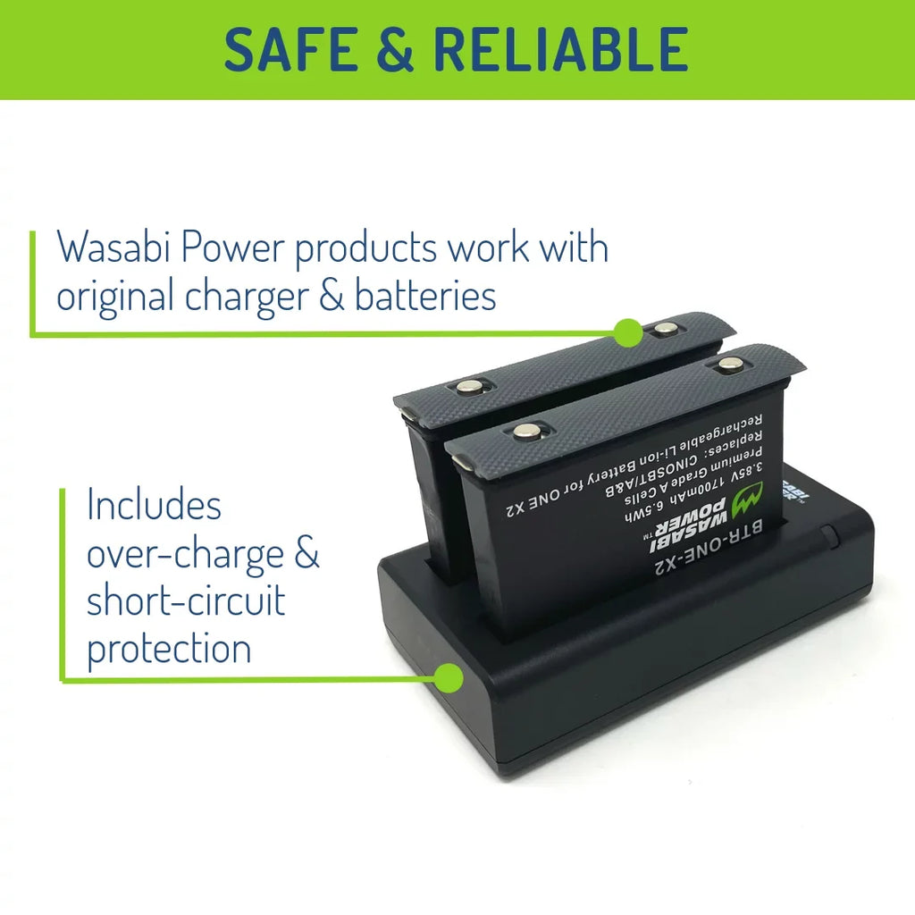 Dual (2-Pack) and ONE Wasabi Battery X2 (Not Power for Charger Insta360 Waterproof)