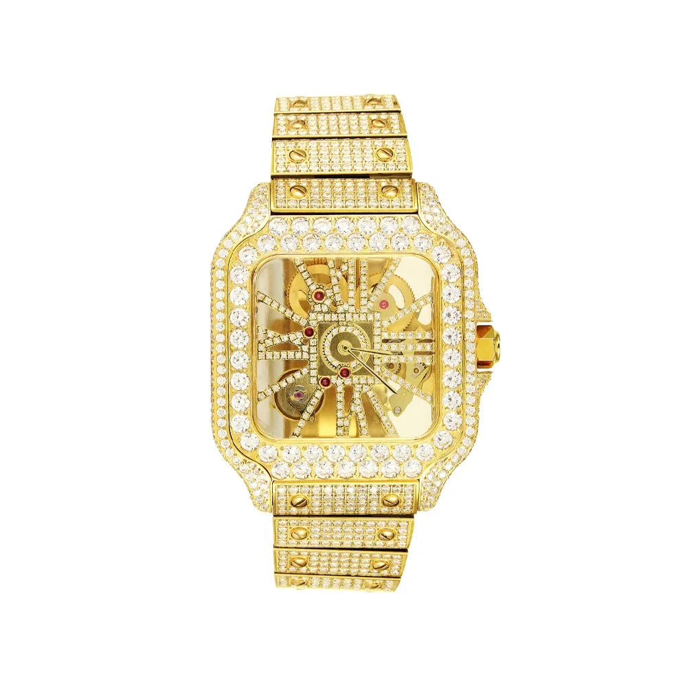 Tone Steel Diamond Mens Watch 14K Gold Dial Automatic Moissanite Custom Stainless Skeleton