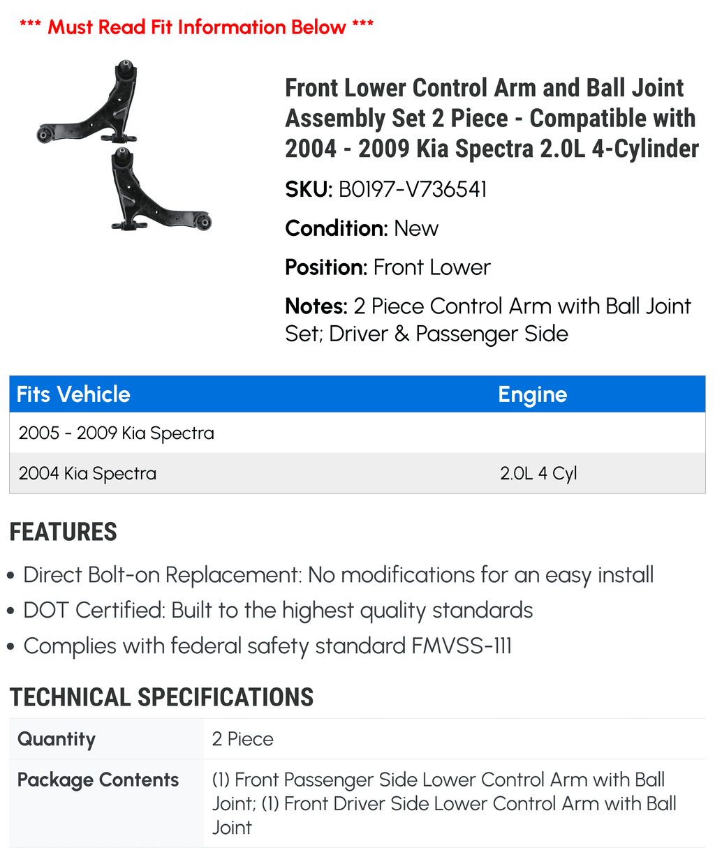 Assembly and Control 4-Cylinder 2009 Lower Piece - 2006 Ball Joint Compatible 2.0L - 2007 Front 2004 with Kia Set 2 Spectra 2008 2005 Arm