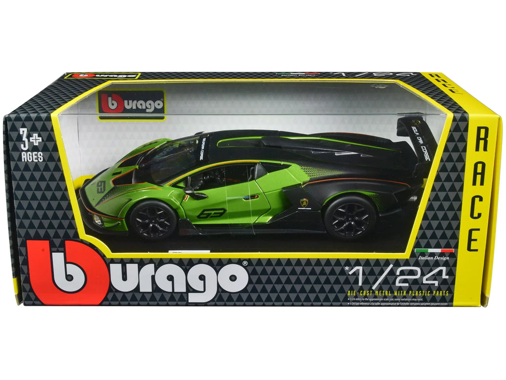 Series Bburago Black Model Green 1/24 "Squadra by Lamborghini and Metallic Essenza Diecast #63 "Race" SCV12 Corse" Car