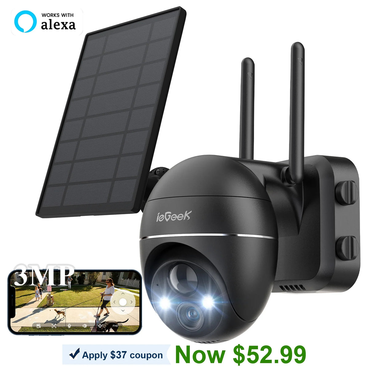 Wireless & Night Siren, View, Detection, 2K/3MP Outdoor Vision, Motion PIR PTZ Outdoor Alexa Color WiFi, with with 360° Work Surveillance Spotlight Solar Camera Security Camera