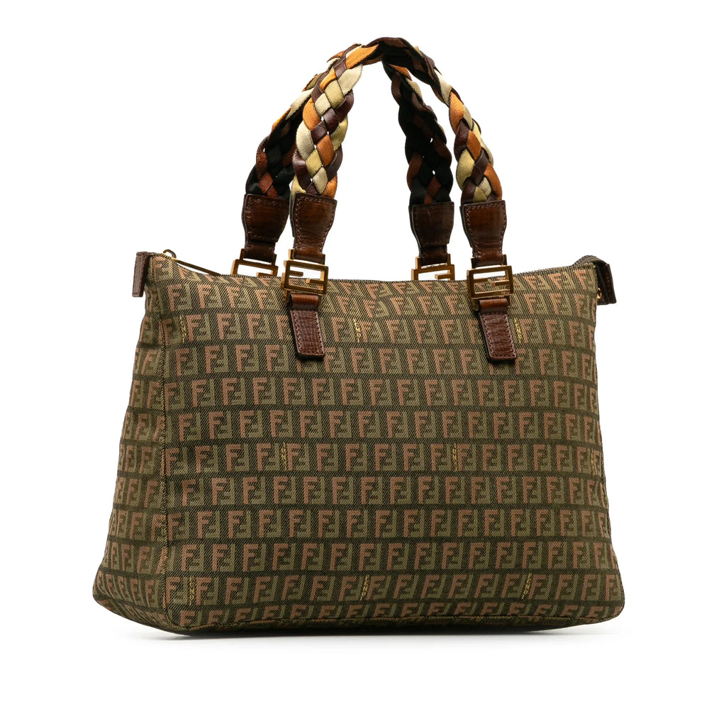 Green Braided Pre-Owned Fendi (Good) Zucchino Authenticated Tote Fabric Bag Tote Roll Unisex Canvas