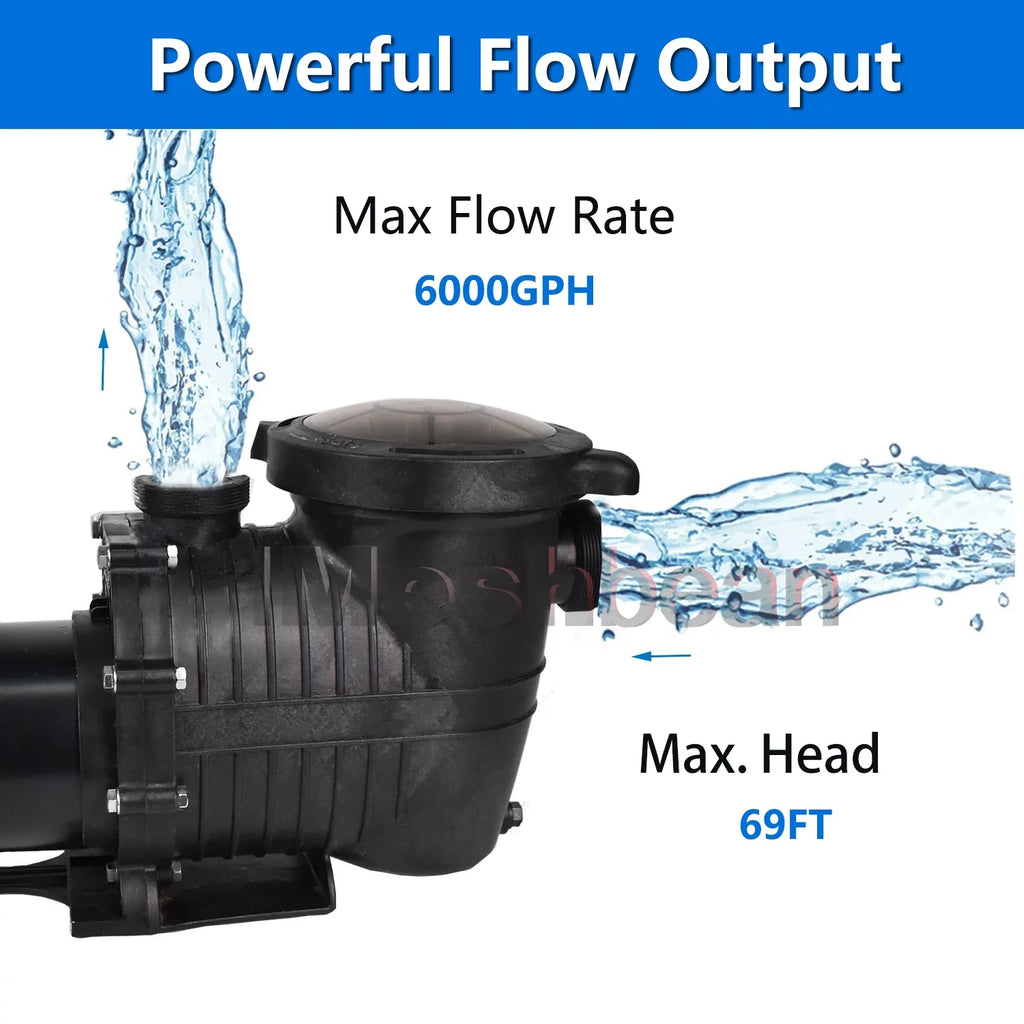 6000GPH, In-ground Max 69FT, Basket Pool w/ Pool Ground Pump, Motor 110V-230V, Water Above Circulation, Strainer and Inground iMeshbean Pool for Swimming Swimming 1.5HP Head