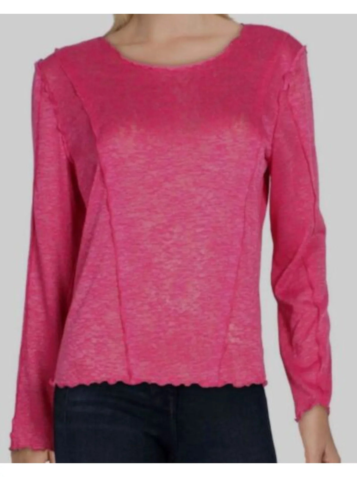 Round Long XL B Scalloped NEW Stretch Detail YORK Top Womens Sleeve Pink Heather Neck Seam
