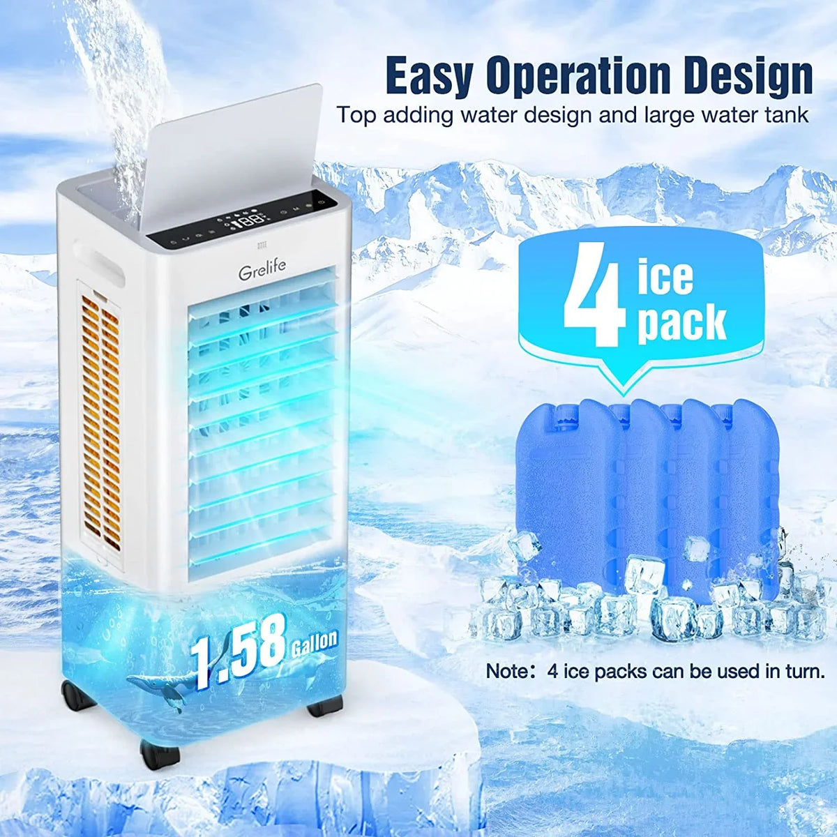Cooler Home Swamp Speeds, Portable Tank, 3 Cooler, Modes, Water 3-IN-1 4 with Air Cooling Ice Fan Timer, Cooler Remote 1.58Gal for Office 12H Air LIANMEI 3 Personal Bedroom Control, Packs, Evaporative