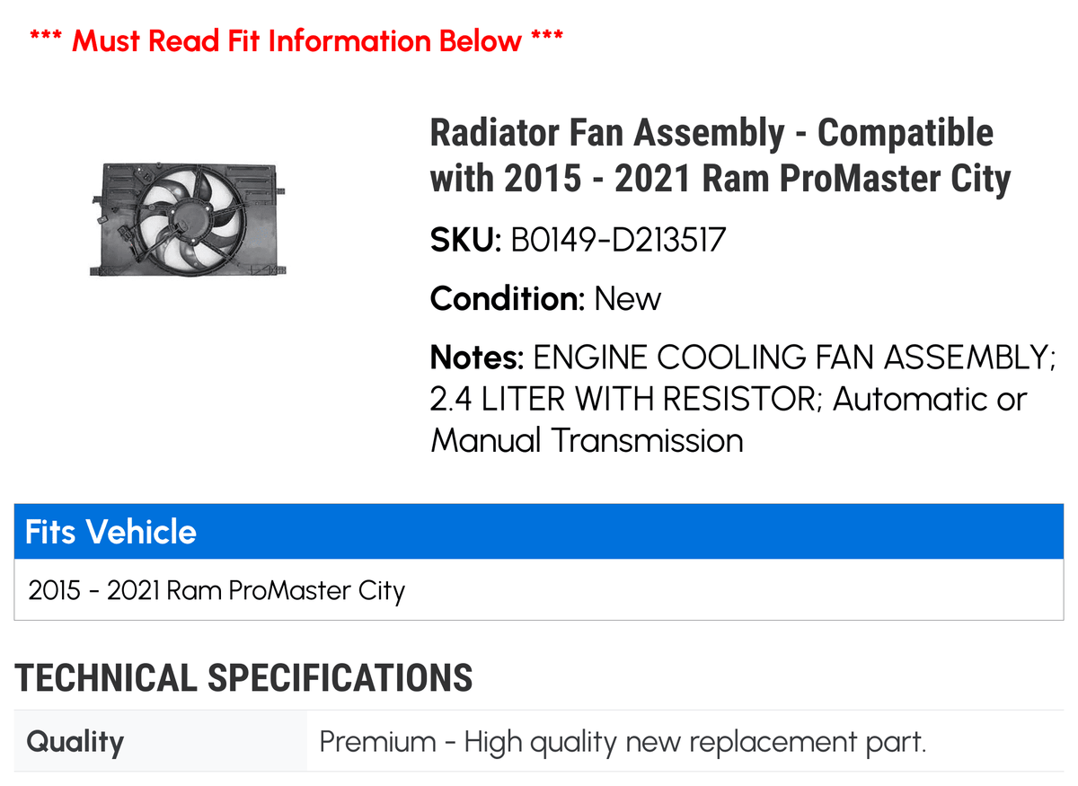 2017 Radiator Assembly 2018 City Compatible 2019 - 2020 with 2015 Fan - 2016 Ram ProMaster 2021
