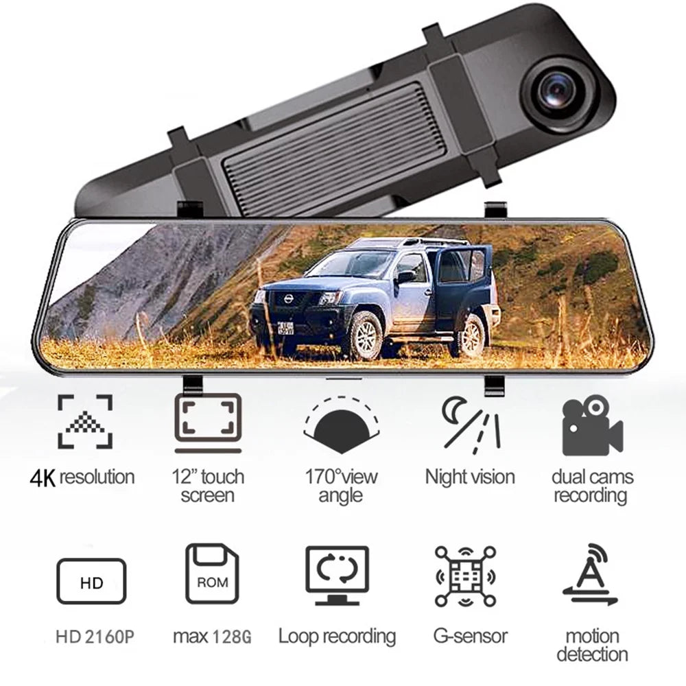 View Dual 12" Control Cam Car GPS Backup Mirror 4K Rear Camera WiFi Dash Voice Paddsun
