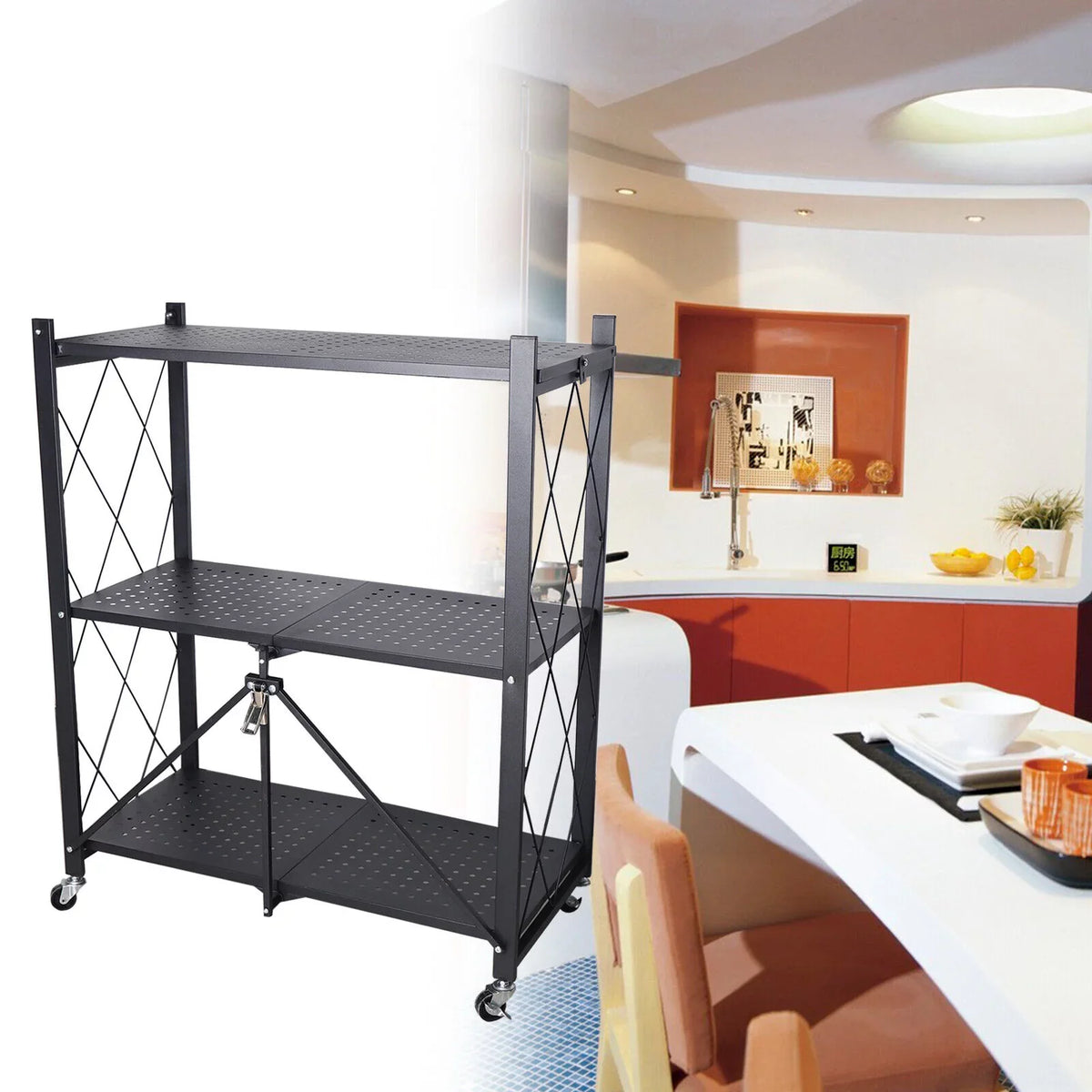 Foldable Storage Metal Rolling Rack Holder Kitchen Cart Wheel with Movable Shelves Trolley Utility Miumaeov 3-Tier (Black)