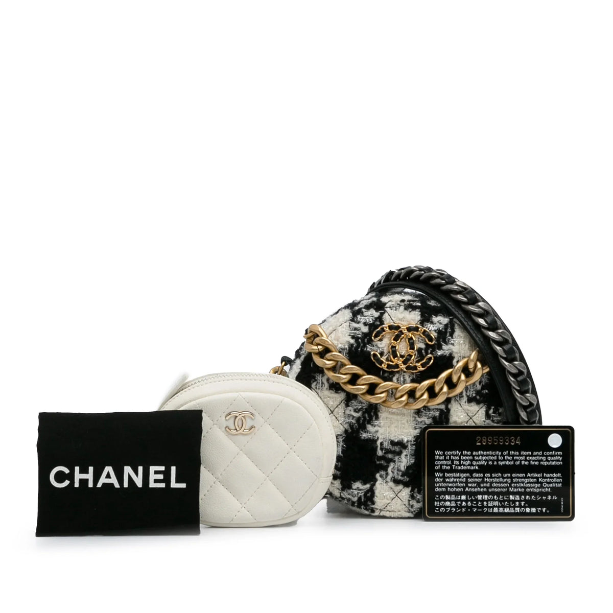 Crossbody Unisex Chanel and (Good) Black Purse with Lambskin Clutch Fabric 19 Chain Coin Round Tweed Pre-Owned Authenticated Bag
