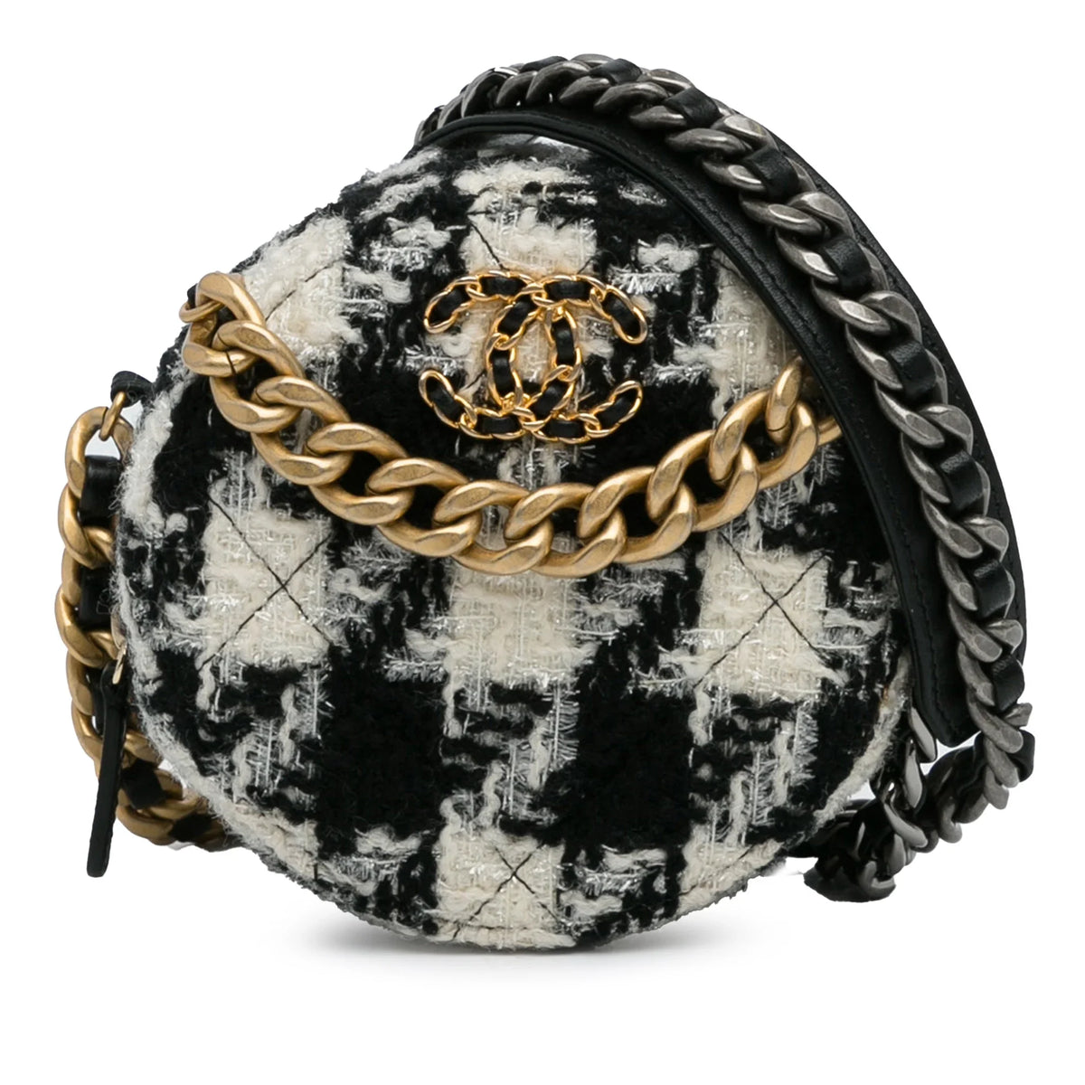 Crossbody Unisex Chanel and (Good) Black Purse with Lambskin Clutch Fabric 19 Chain Coin Round Tweed Pre-Owned Authenticated Bag